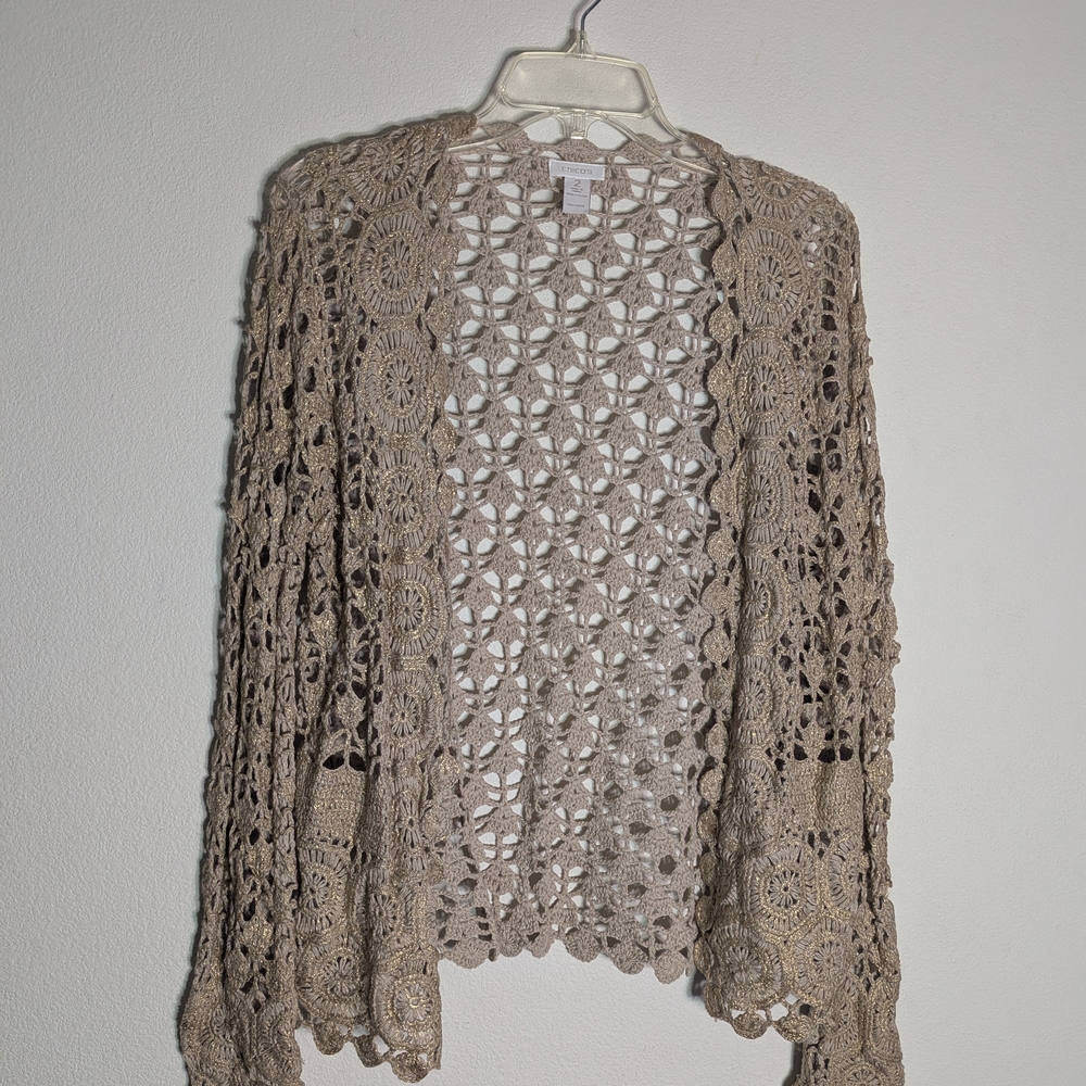 Chicos Womens Open Cardigan Crochet Gold Cottagecore Bohemian Neutral Large 12